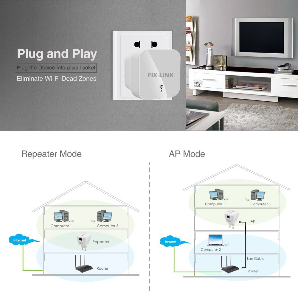 PIX-LINK WR12 Wireless Repeater Extender 300Mbps WiFi Amplifier Long Range Wi fi Signal Booster Wi-fi Access Point AP Router